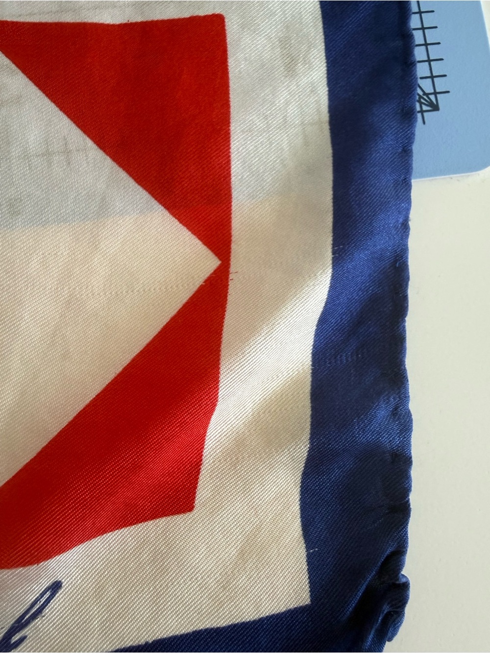 Bold Red Geometric Silk Scarf with Navy and Cream Accents - Picture 8 of 10